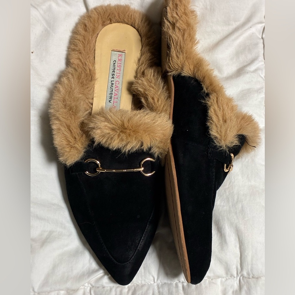 KRISTIN CAVALLARI FOR CHINESE LAUNDRY | Faux Fur Mule Loafers | Black Suede